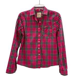 Hollister blouse M bright pink plaid 100% cotton classic basic country cowgirl